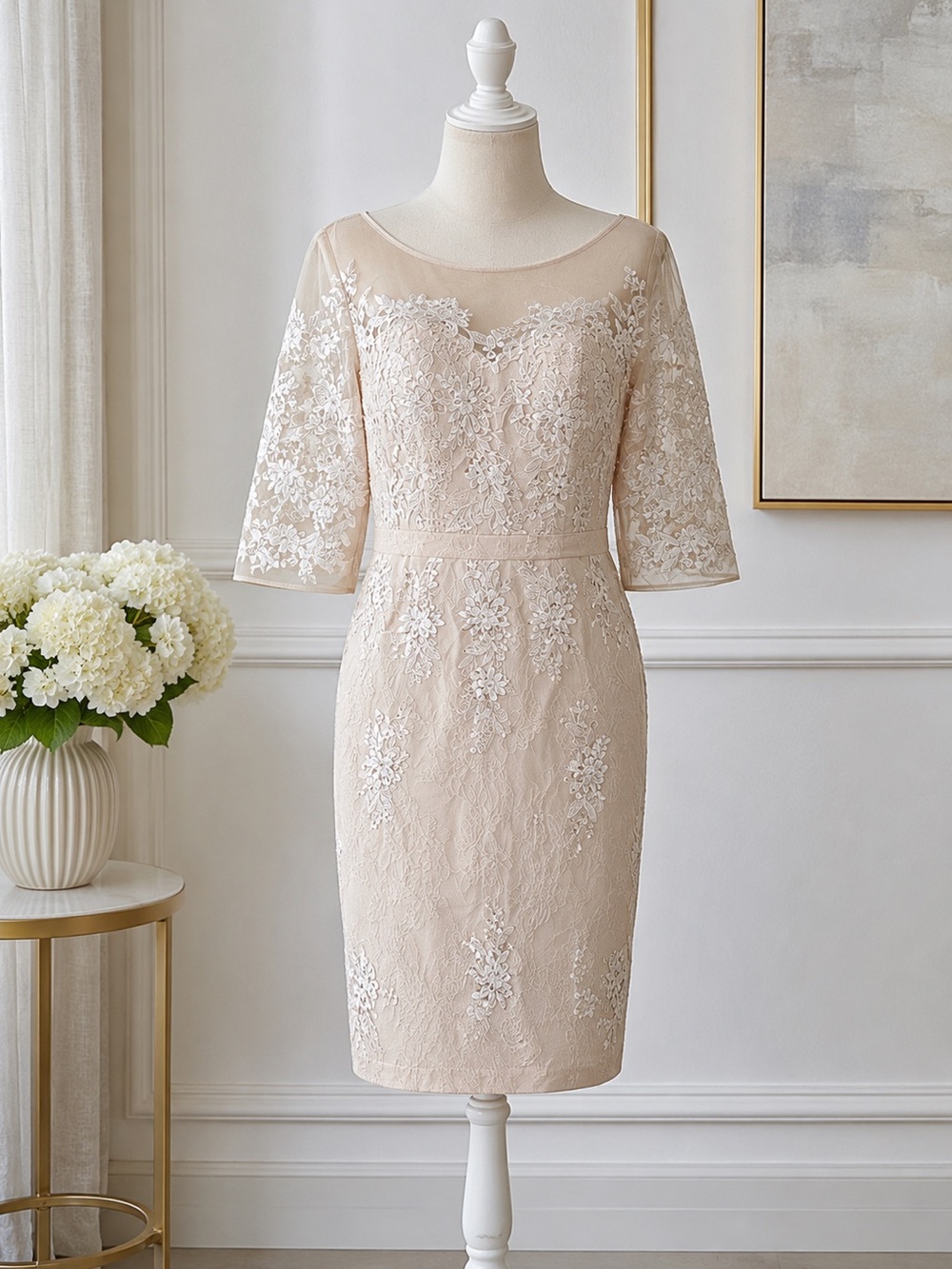 Custom Lace Dress Nude Blush Embroidered Sheer Sleeve Cottagecore Bridal M